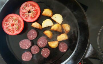 Cooking The Potatoes, Black Pudding, and Tomatoes