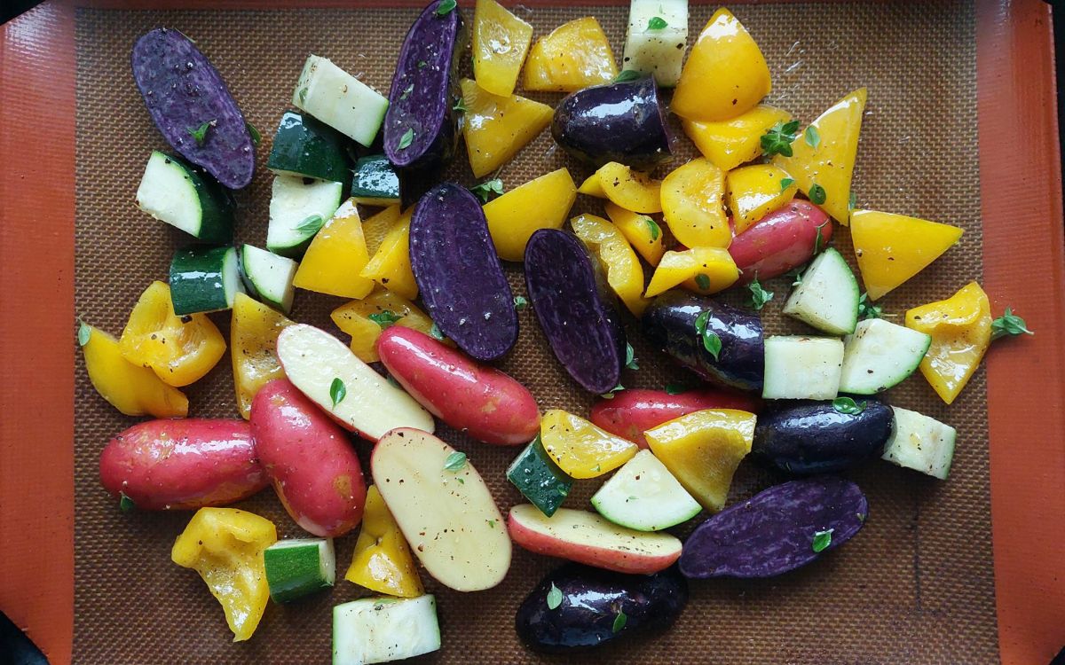 Purple Potatoes Bell Peppers and Zucchini Ready For Roasting