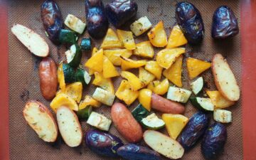 Roasted Purple Potatoes Bell Peppers and Zucchini