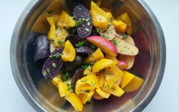 Seasoned Purple Potatoes Bell Peppers and Zucchini